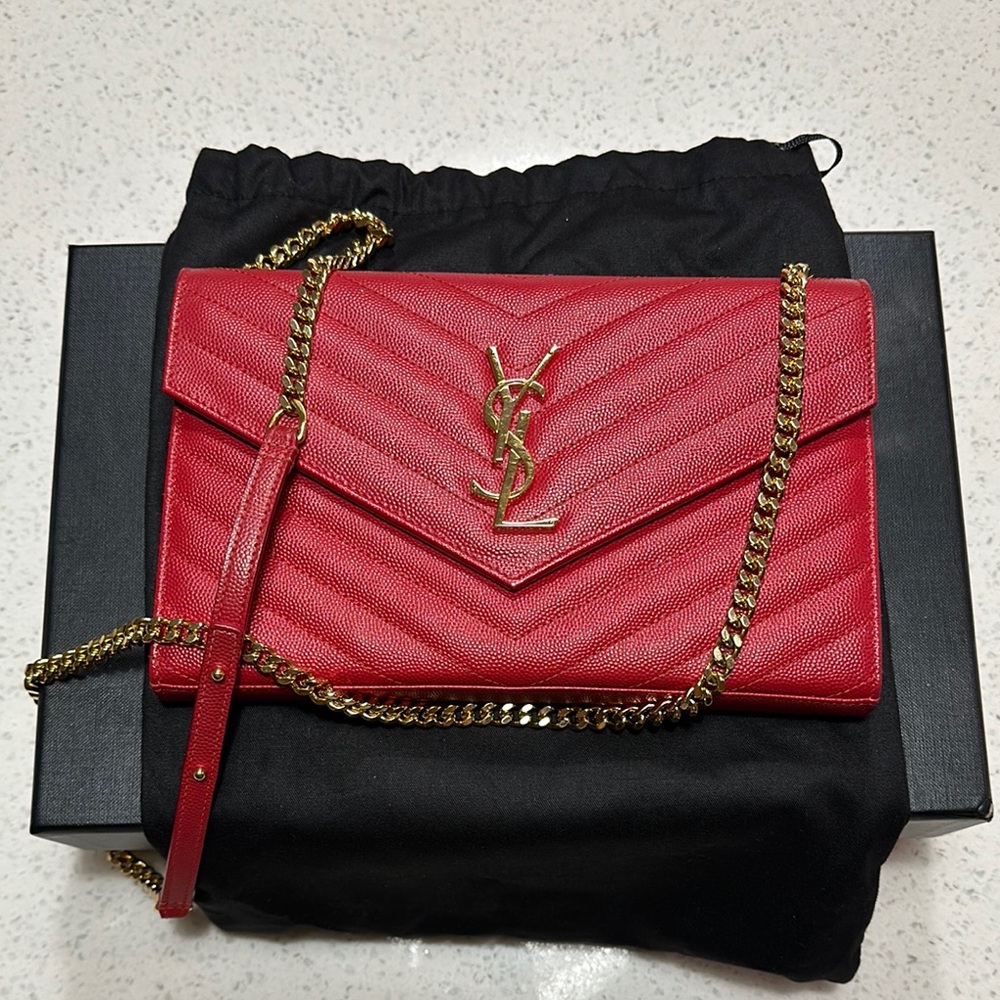 Yves Saint Laurent Red Clutch with Gold Hardware and Chain Strap